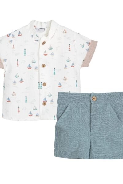 Conjunto infantil niño pantalón y camisa manga corta familia velero gasa