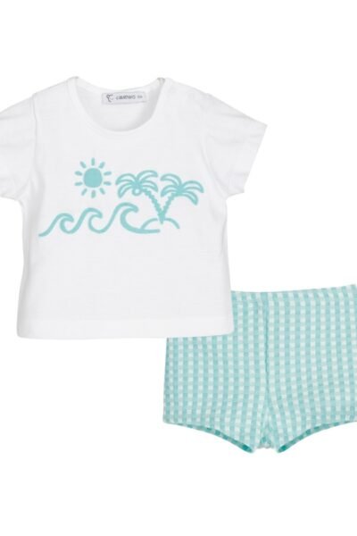 Conjunto baño infantil niño cuadros vichy turquesa