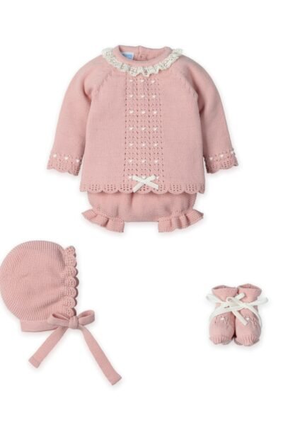 Traje de 4 piezas con cuello de encaje – Rosa Empolvado